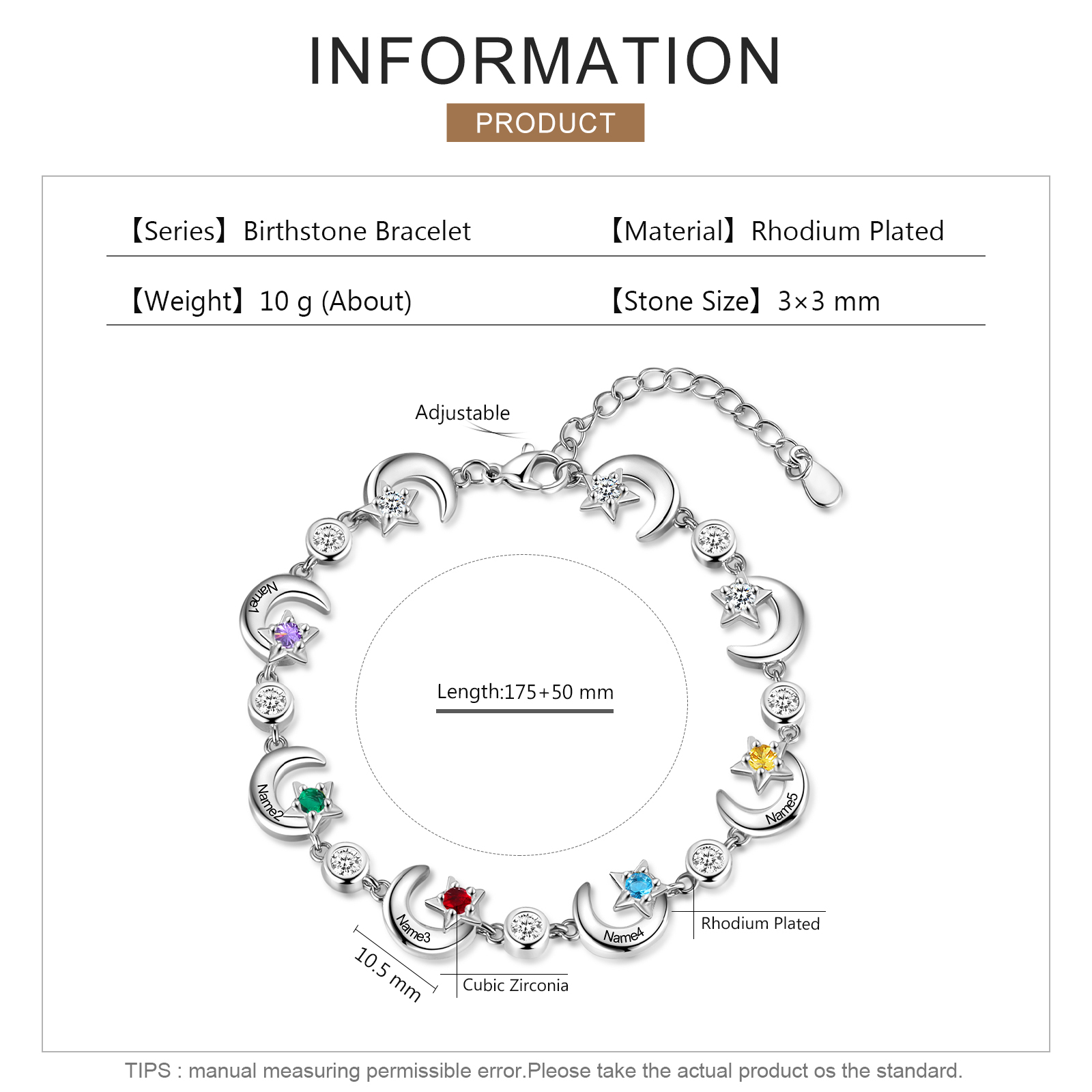 5 Names-Personalised Moons And Stars Bracelet With 5 Birthstones Custom Names Bracelet Gift For Women