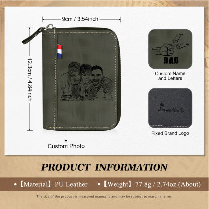 3 Names - Personalised Fist Bump Fist Bump Photo Custom Leather Men's Zipper Wallet as a Father's Day Gift for Dad