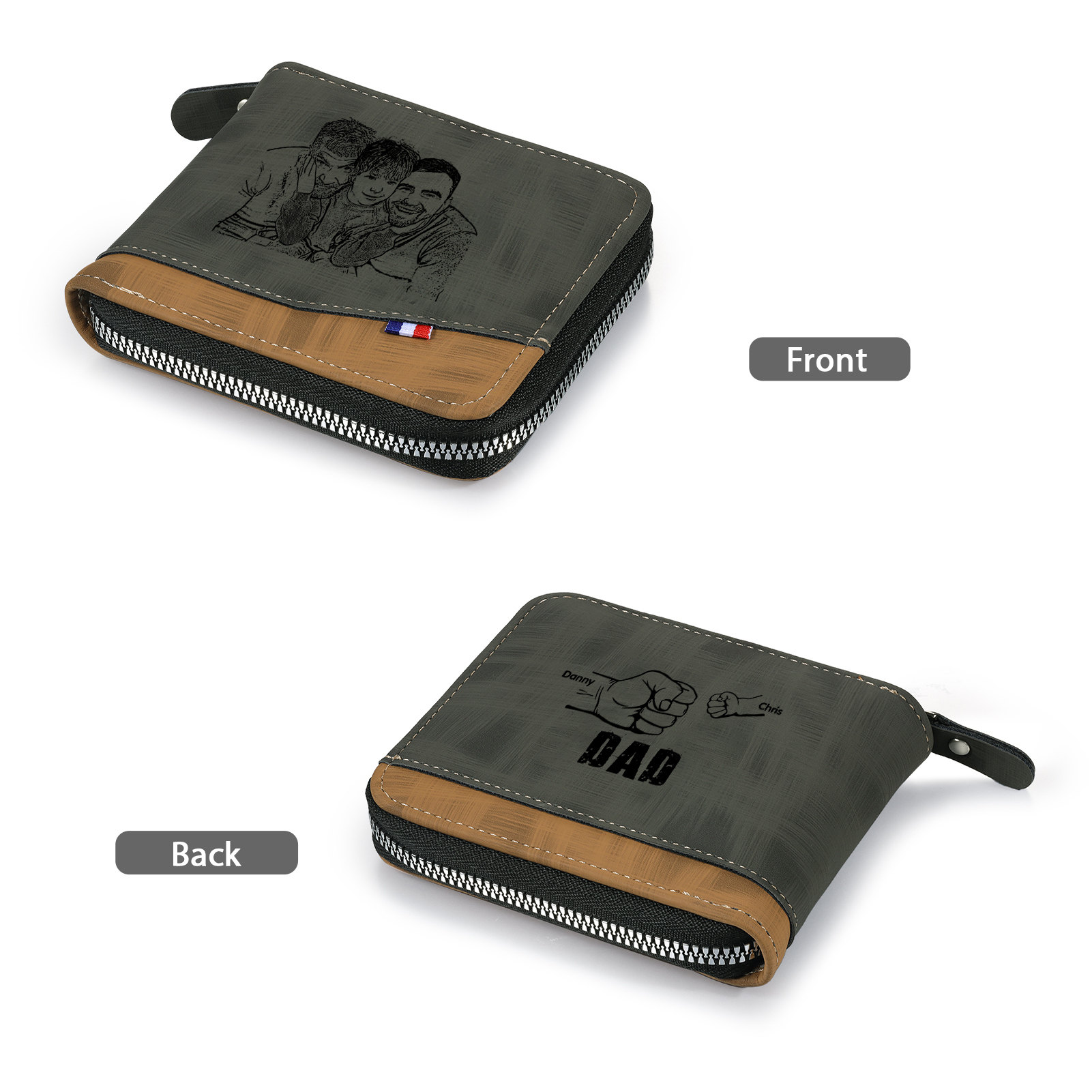 2 Names - Personalised Photo Custom Leather Men's Zipper Wallet as a Father's Day Gift for Dad