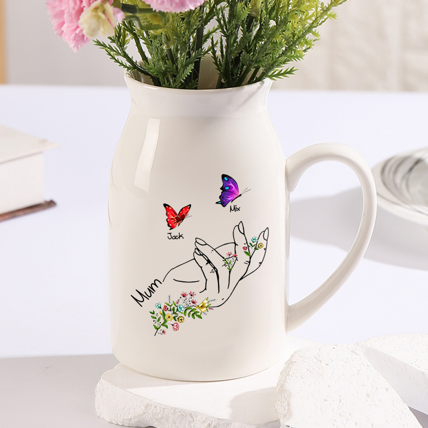 Custom2 Names - Personalised Beautiful Flower Hand Butterfly Style Ceramic Vase Mother's Day Gift For Mum