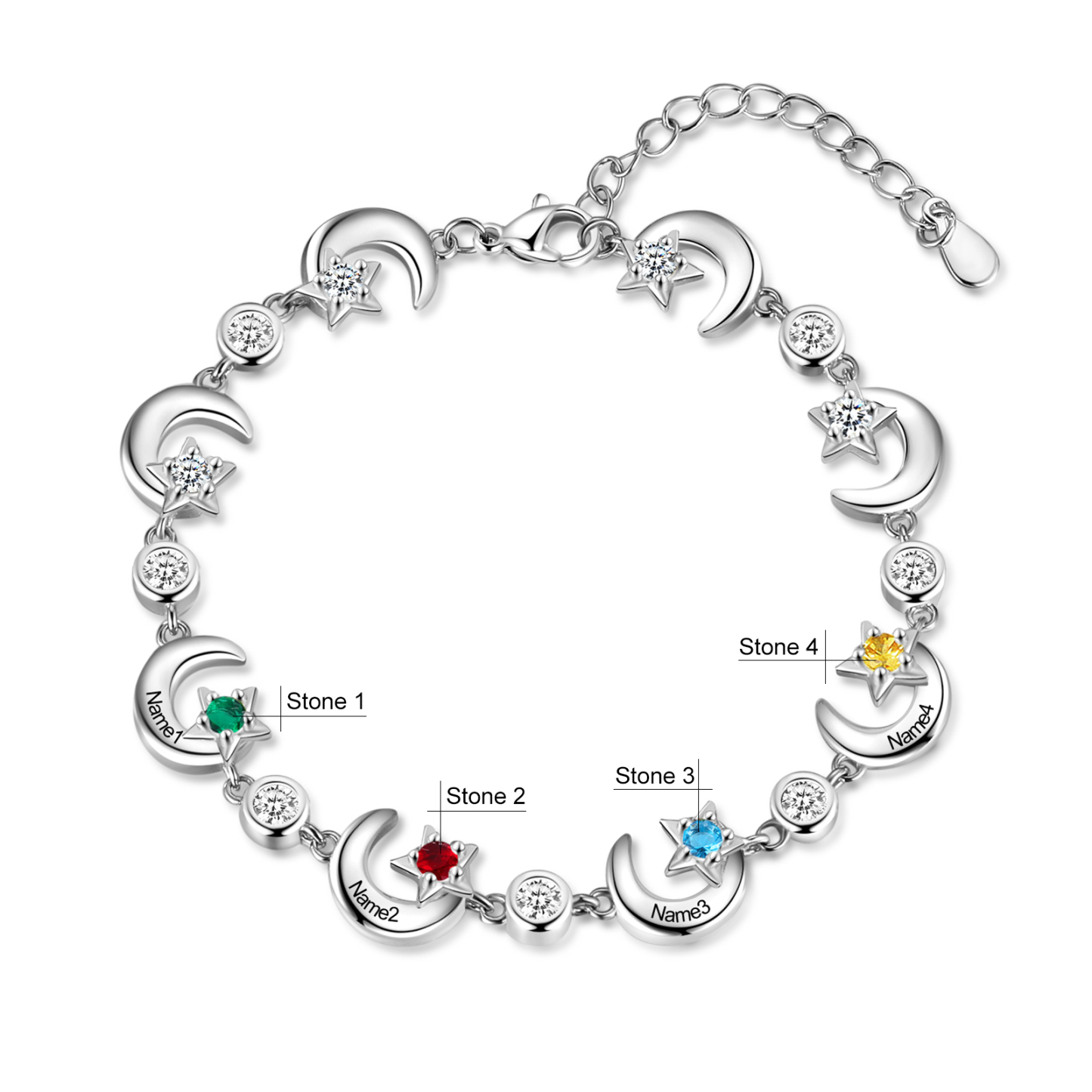 4 Names-Personalised Moons And Stars Bracelet With 4 Birthstones Custom Names Bracelet Gift For Women