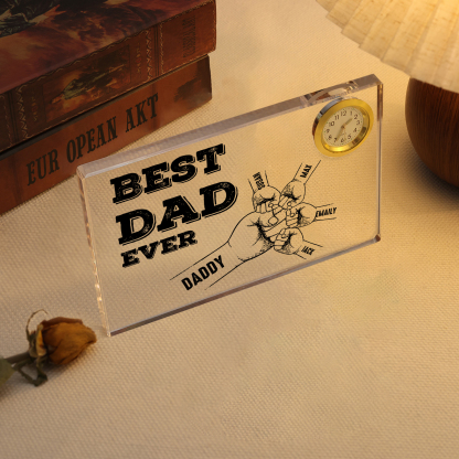 5 Names - Personalised Fist Bump Pattern Custom Name Acrylic Rectangular Clock Ornament Father's Day Gift