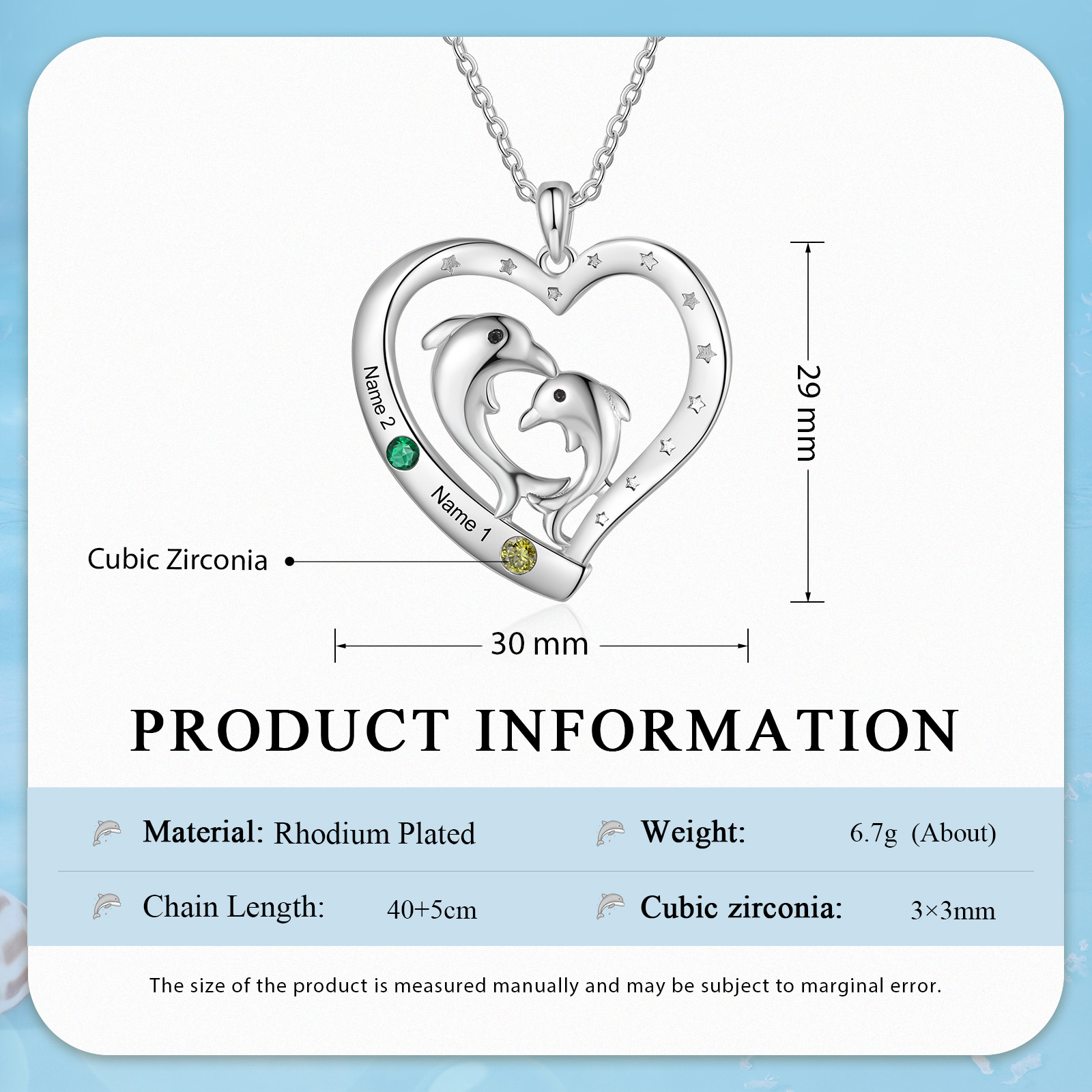 2 Names - Personalised Beautiful Dolphin Heart Necklace with Customized Name and Birthstone Gift for Her