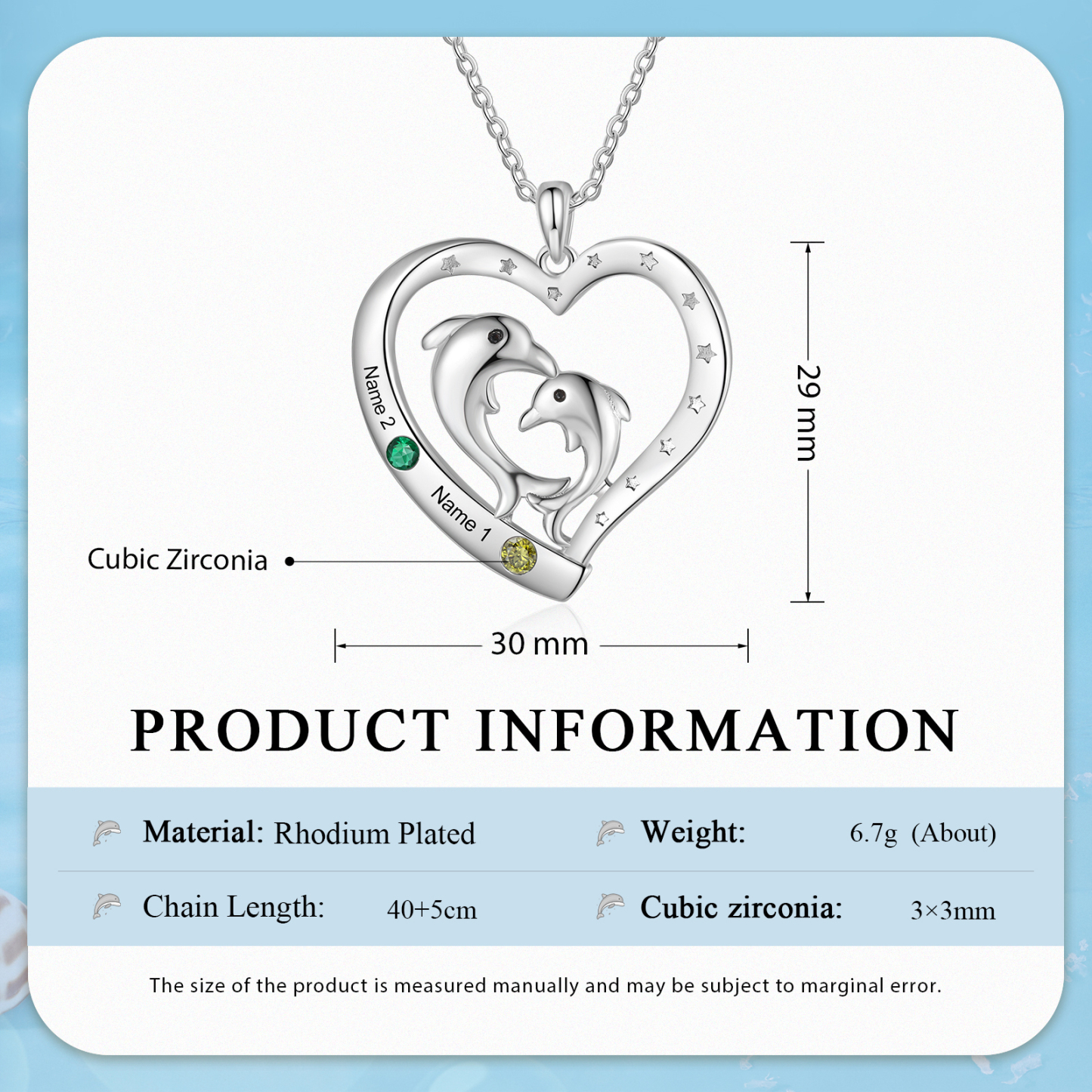 2 Names - Personalised Beautiful Dolphin Heart Necklace with Customized Name and Birthstone Gift for Her