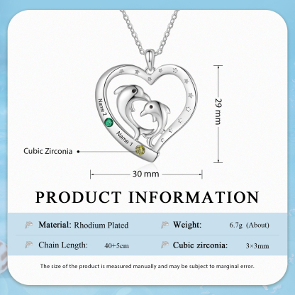 2 Names - Personalised Beautiful Dolphin Heart Necklace with Customized Name and Birthstone Gift for Her