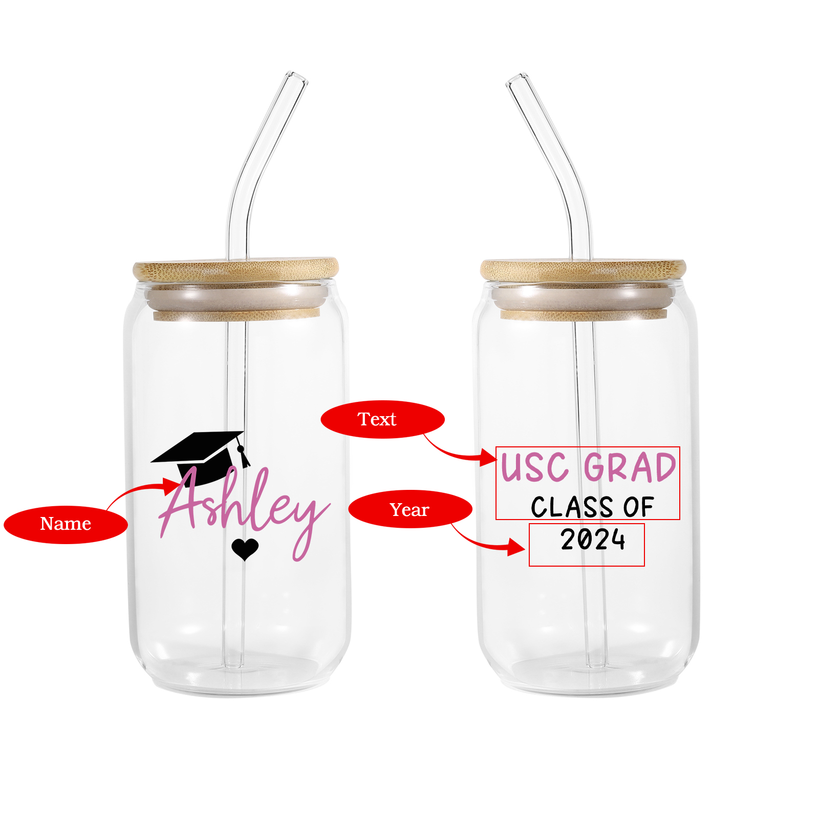 2024 Graduation Gift - Personalised Custom Text, year and Name Glass with Glass Straw