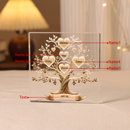 5 Names-Personalised Family Tree Acrylic Keepsake-Custom Text and Names-Acrylic Plaque Home Decoration Gift for Family/Dad/Grandad
