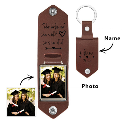 2024 Graduation Gifts - Personalised Name Flip Leather Keyring Customized Photo Keyring Gift for Her/Him