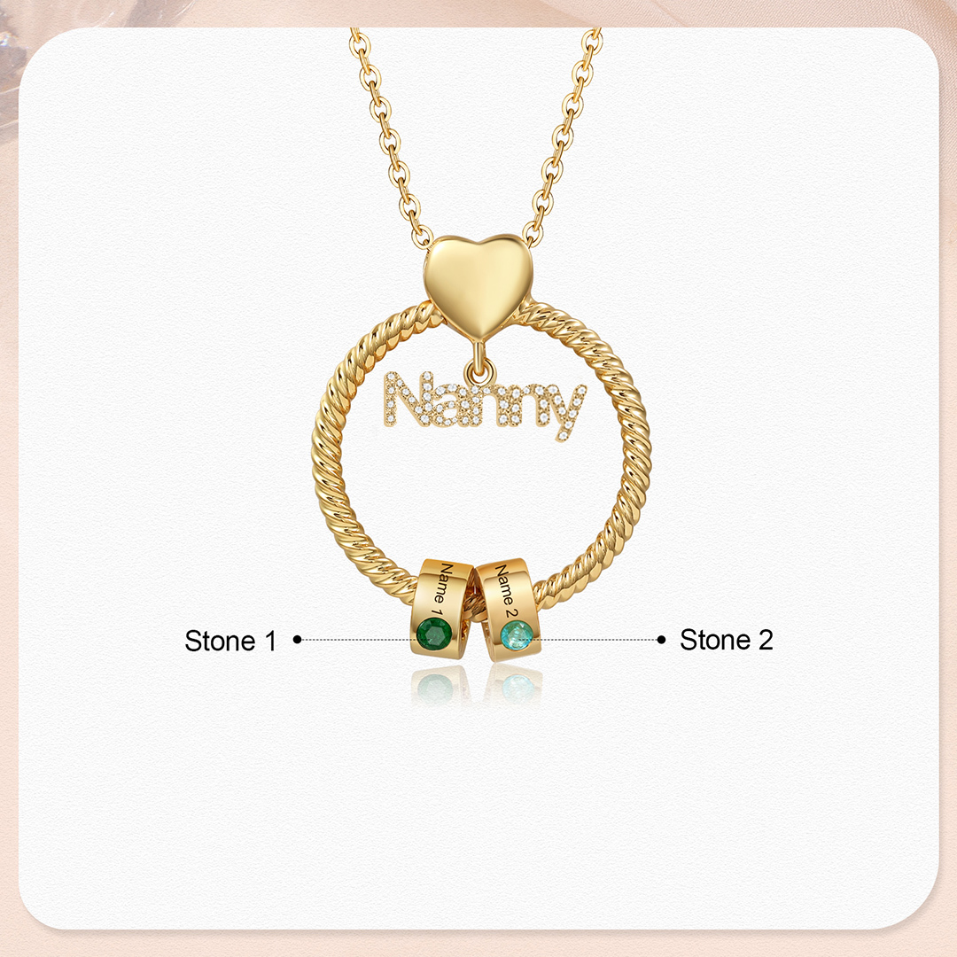 2 Names-Personalised Nanny Circle Necklace With 2 Birthstones Pendant Engraved Names Gift For Nanny
