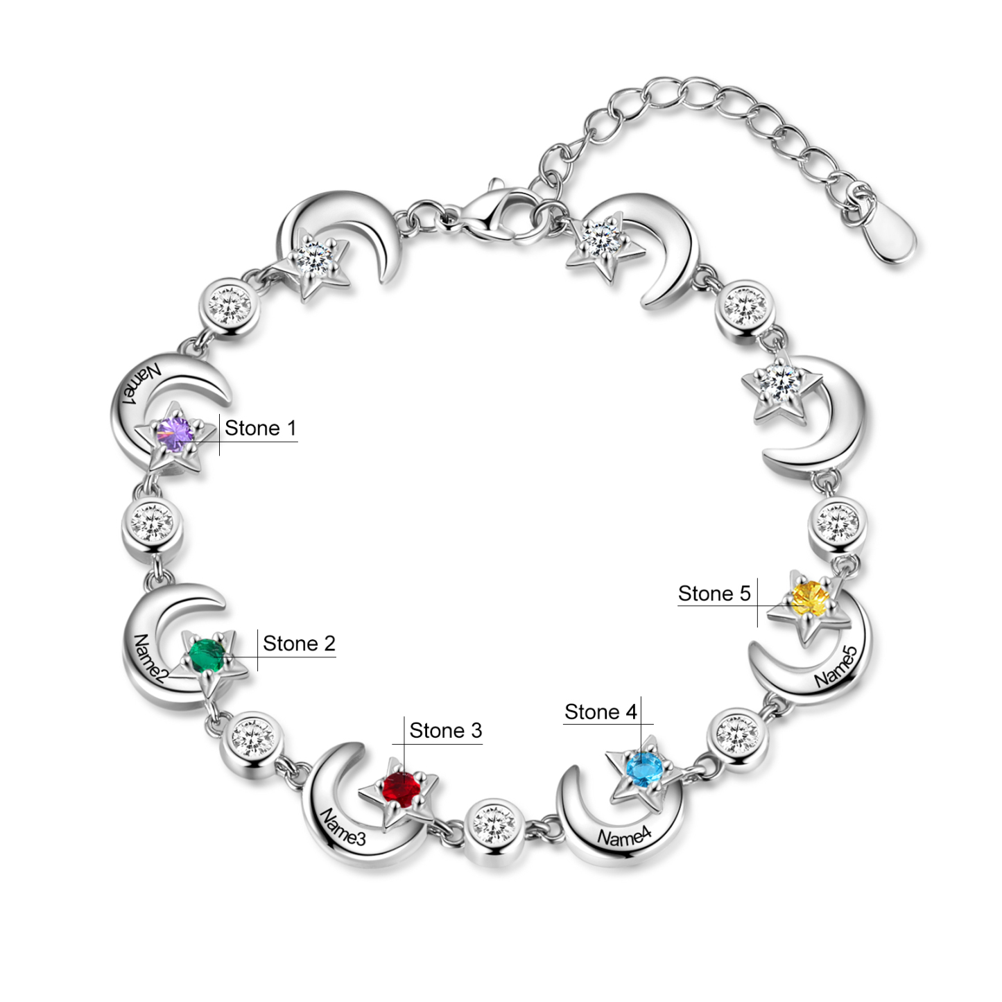 5 Names-Personalised Moons And Stars Bracelet With 5 Birthstones Custom Names Bracelet Gift For Women
