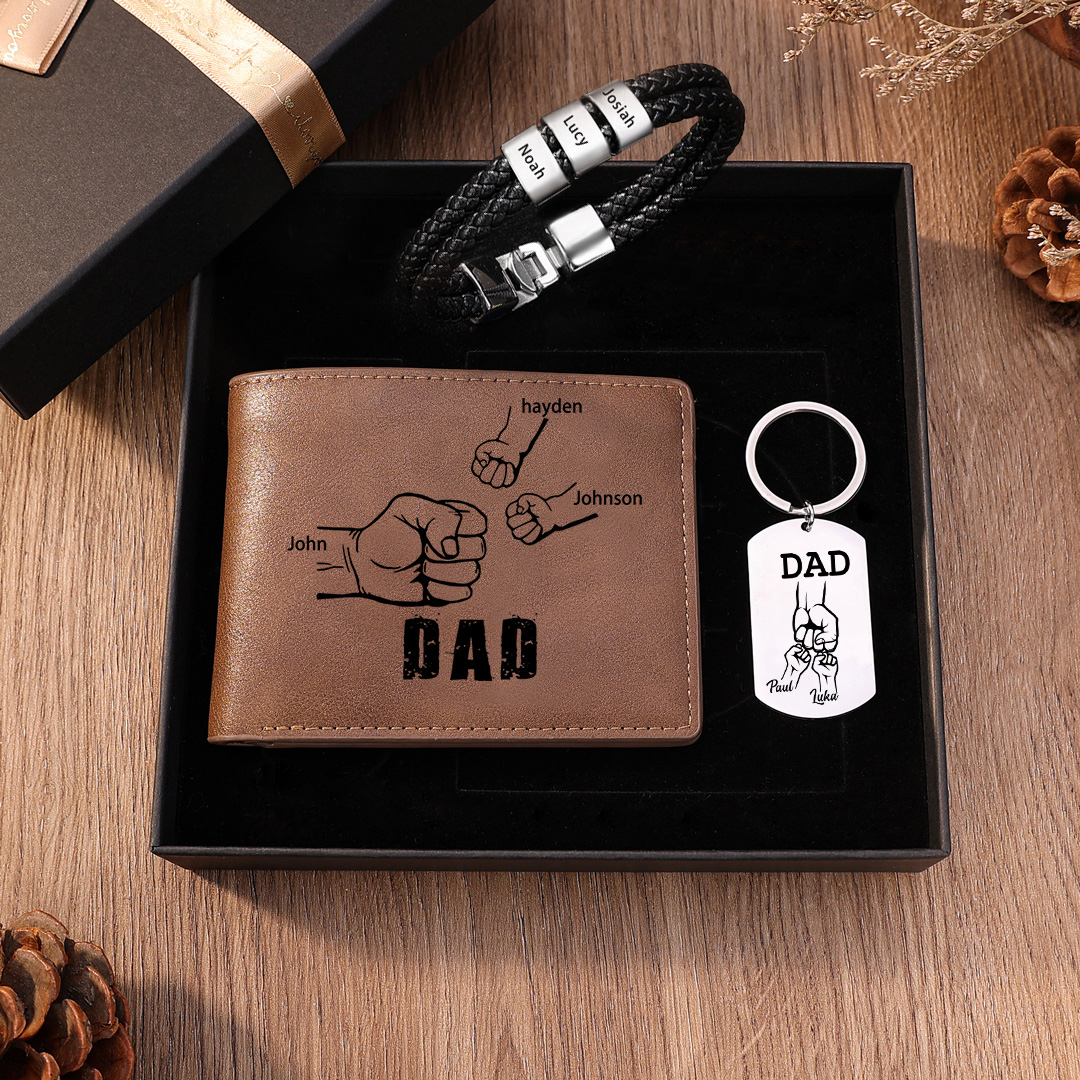Personalised 3 Names Gift Set Custom Wallet & Bracelet & Keychain Gift Box Set Father’s Day Gifts