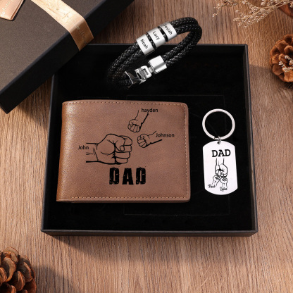 Personalised 3 Names Gift Set Custom Wallet & Bracelet & Keychain Gift Box Set Father’s Day Gifts