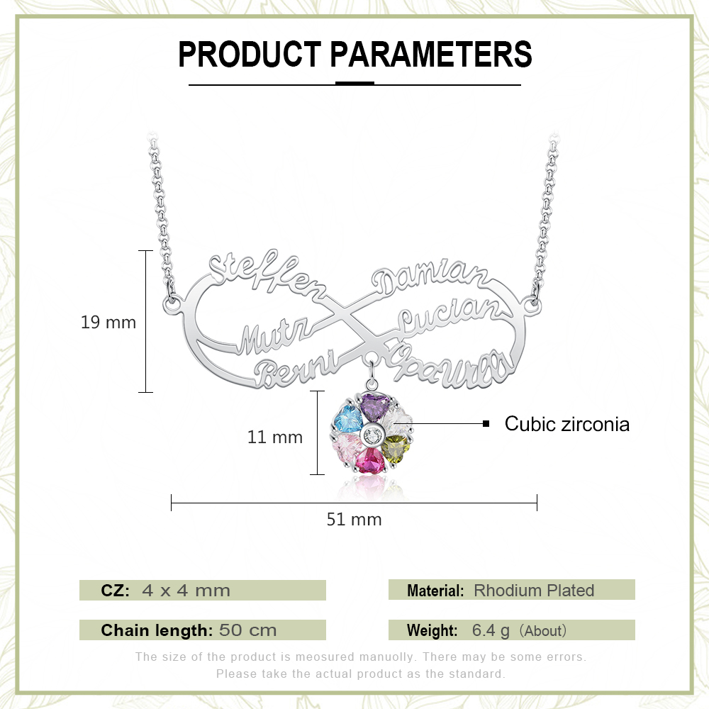 Personalised Infinity Necklace With 6 Birthstones Engraved Names Necklace Gift For Women