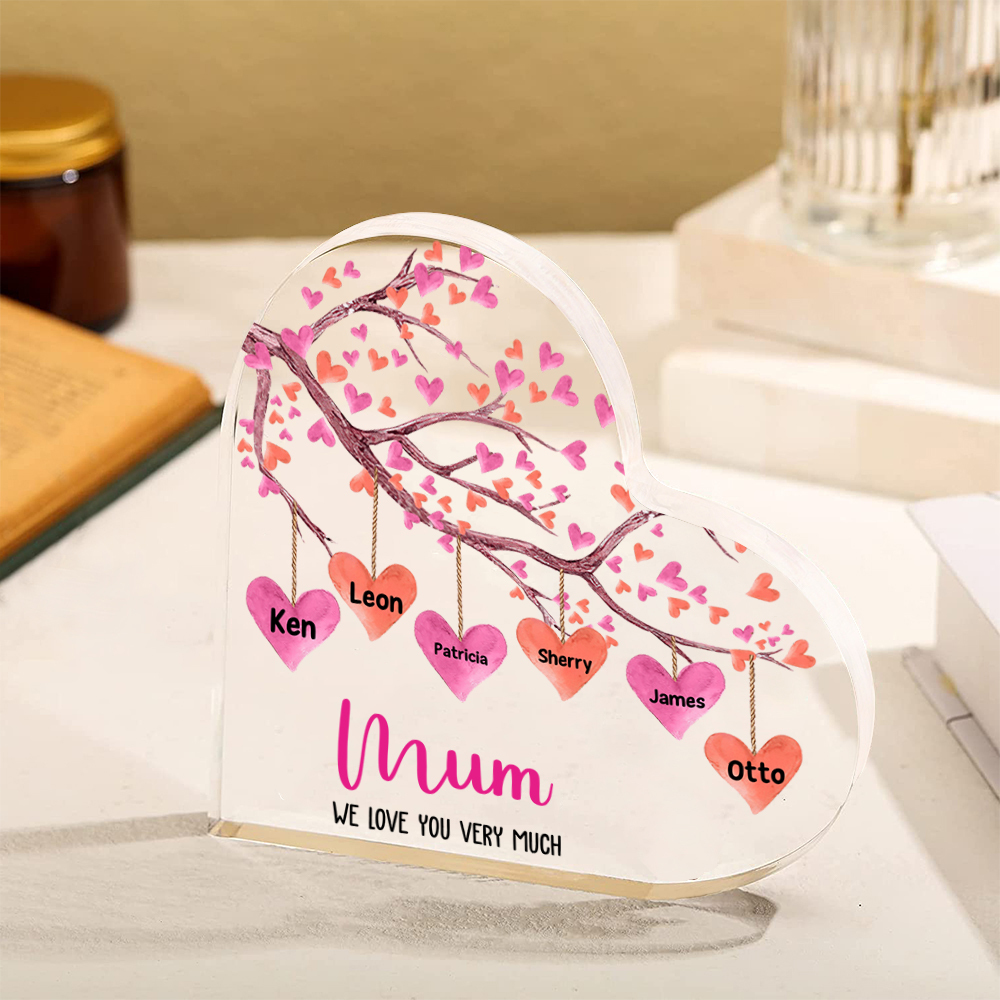 Customized 1-10 Names, Pink Love Tree Style Acrylic Heart Decoration Brand Plaque Decoration for Mum