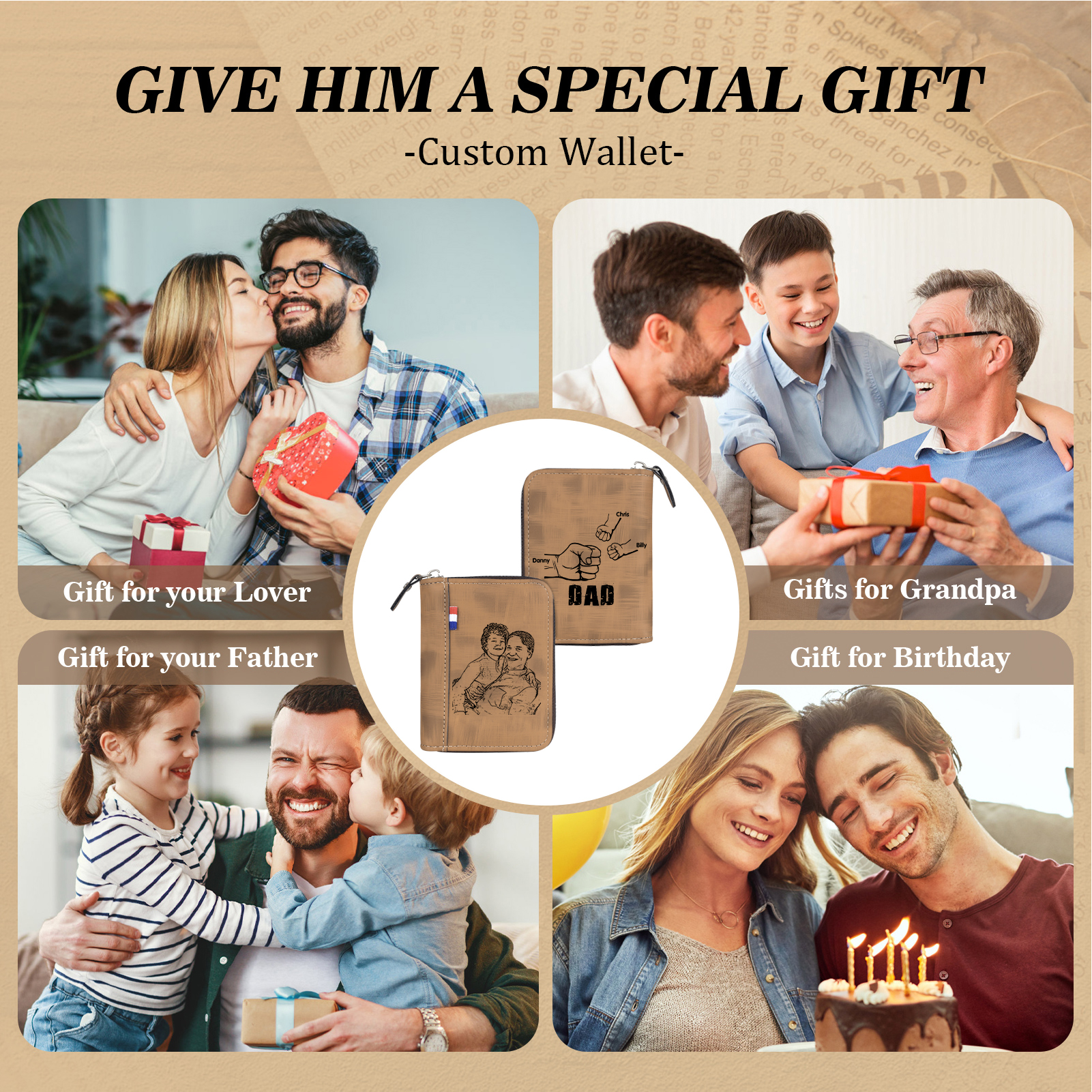 3 Names - Personalised Fist Bump Fist Bump Photo Custom Leather Men's Zipper Wallet as a Father's Day Gift for Dad