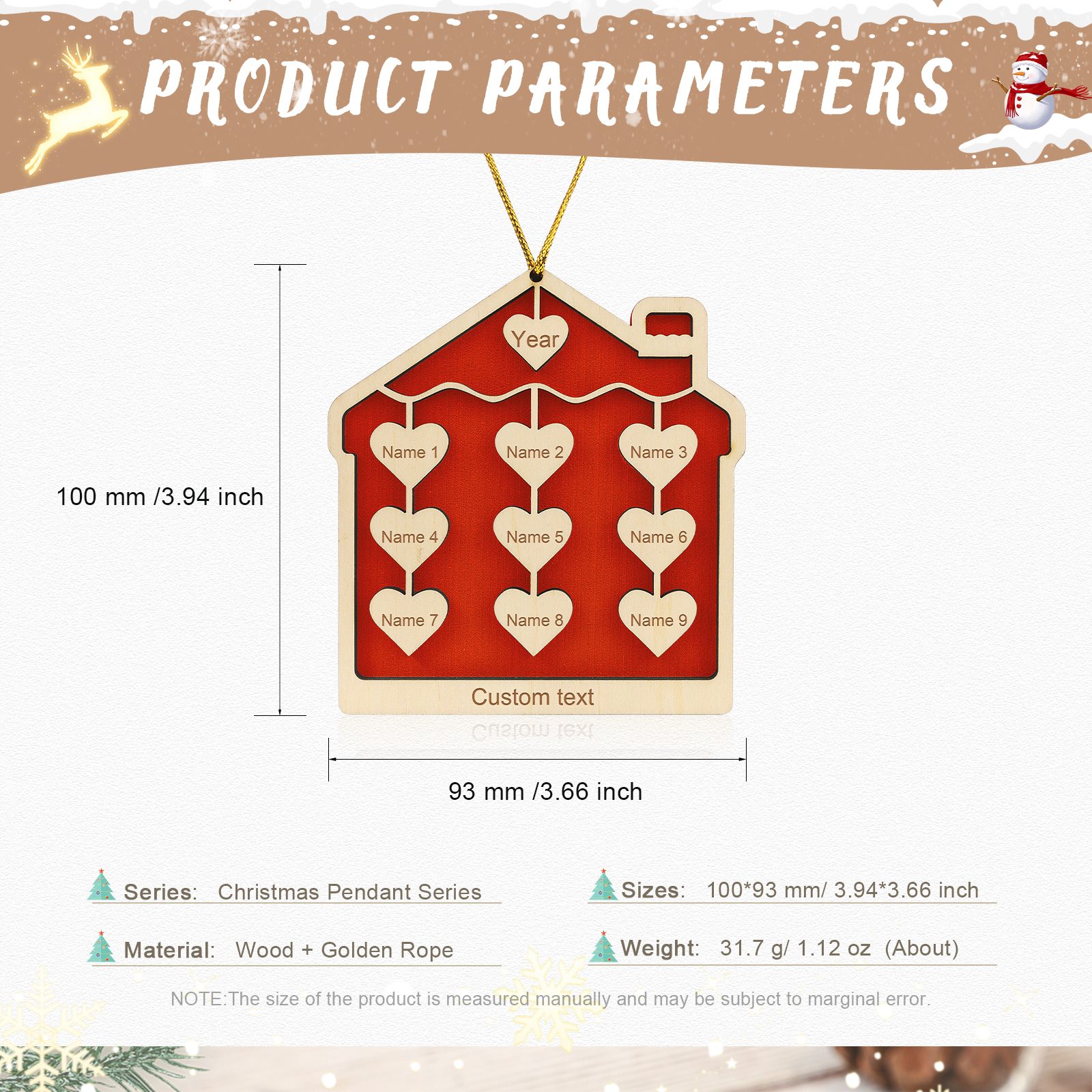 9 Names-Personalised Family Wooden Christmas Xmas Tree Decoration Ornament-Custom 9 Names And Year Hanging Ornament Gifts For Family