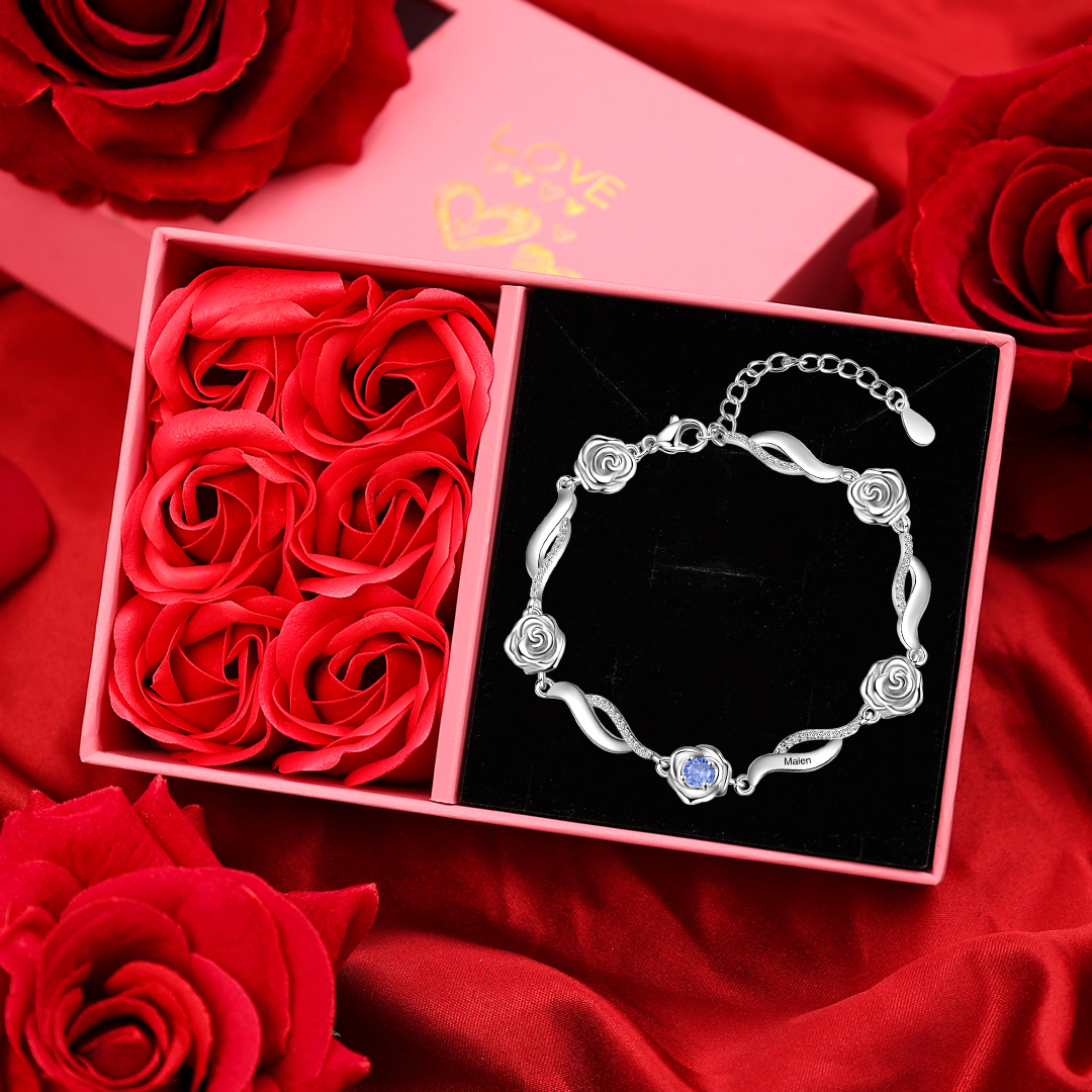 1 Name-Personalised Rose Bracelet With 1 Birthstone Set With Gift Box Custom Names Bracelet Gift For Women