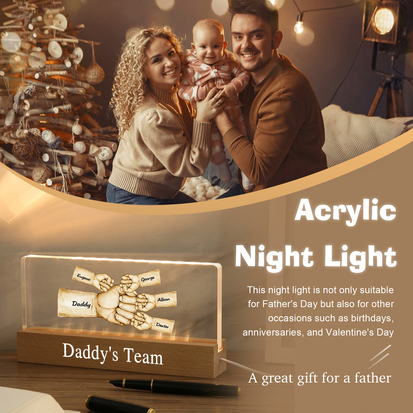 5 Names - Personalised Fist Bump Pattern Table Lamp Customized Text Father's Day Gift for Dad