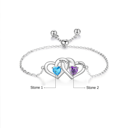Personalised Heart Bracelet With 2 Birthstones Engraved Names Bracelet Gift For Women
