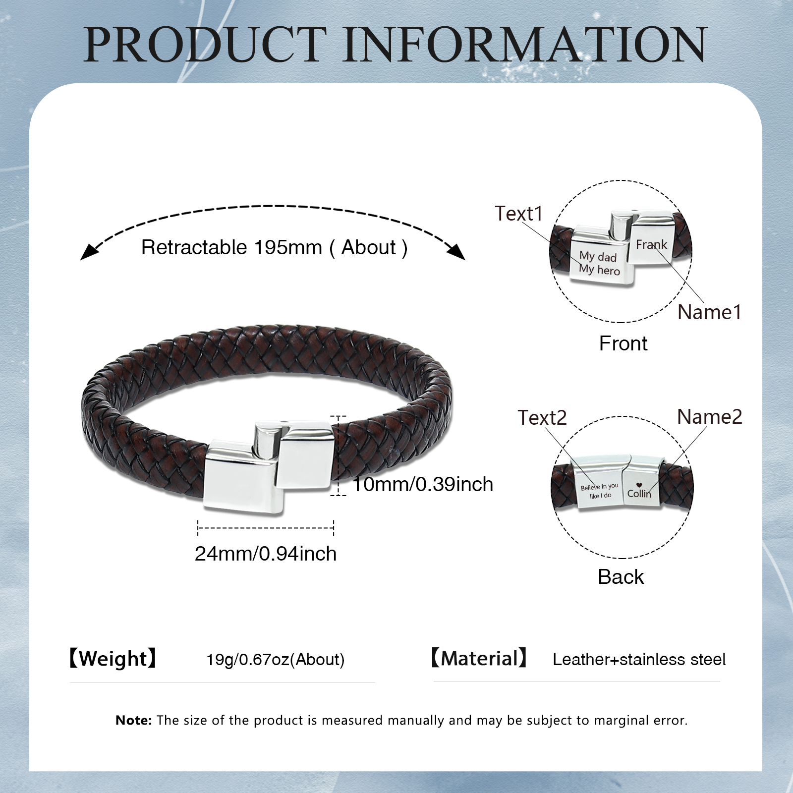 Personalised 2 Names and 2 Texts Leather Bracelet Men's Bracelet Father's Day Gift for Dad