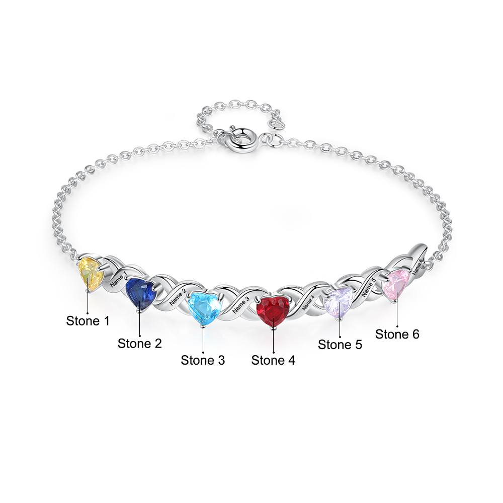 Personalised Bracelet With 6 Heart Birthstones Engraved Names Bracelet Gift For Women