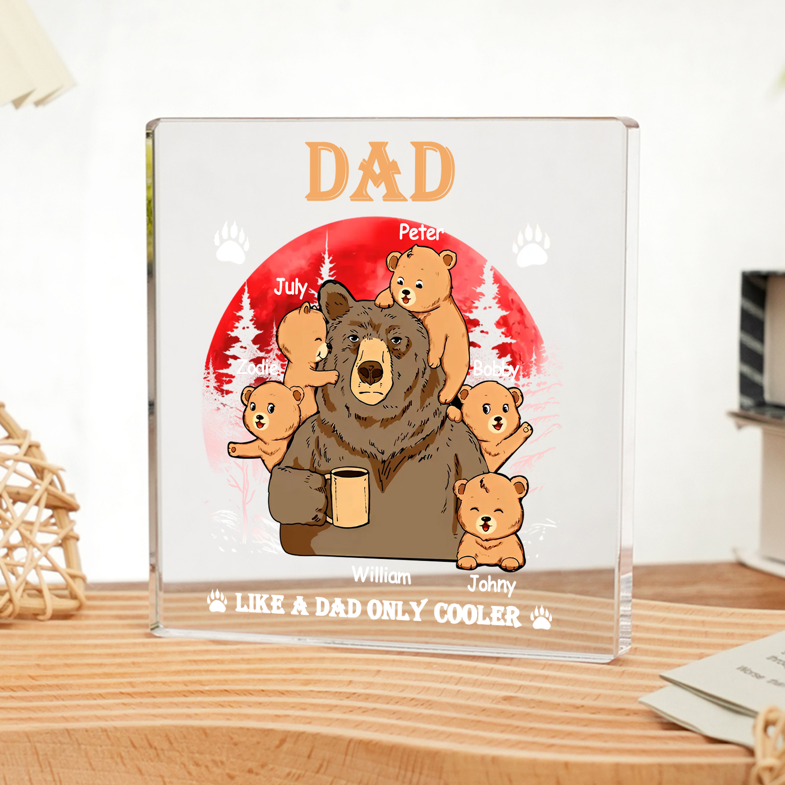 6 Names - Personalised Bear Family Pattern Custom Name Acrylic Square Ornament Father's Day Gift