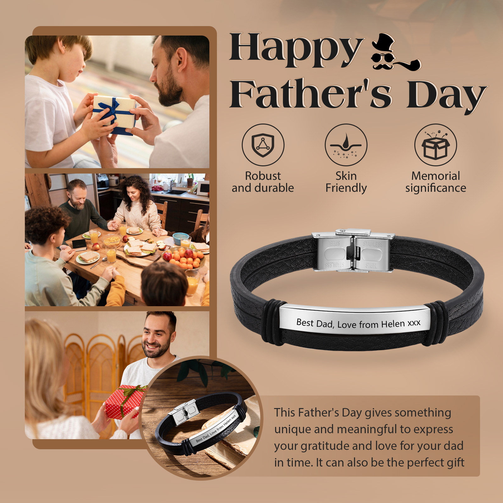 Personalised Text Black Leather Bracelet Men's Bracelet Father's Day Gift for Dad