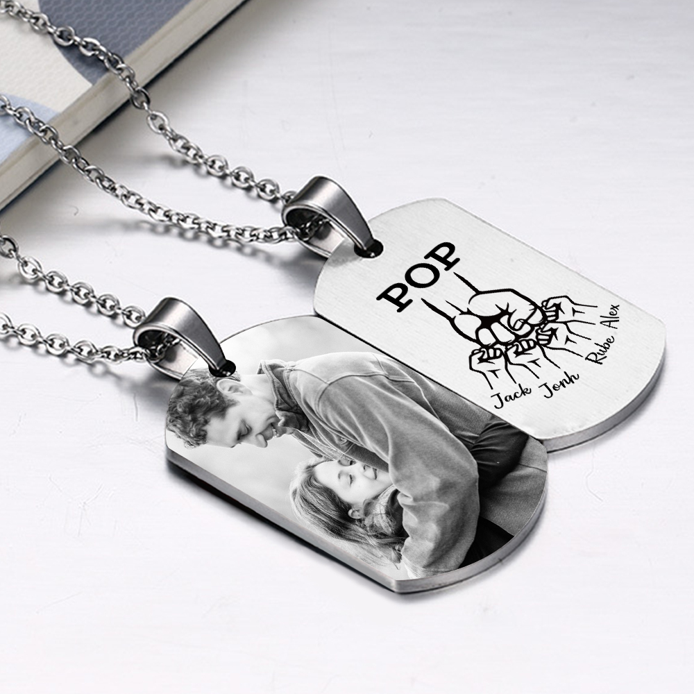 5 Names-Personalised Dad Photo Fist Stainless Steel Necklace-Custom Names and Photo Necklace for Father/Grandad