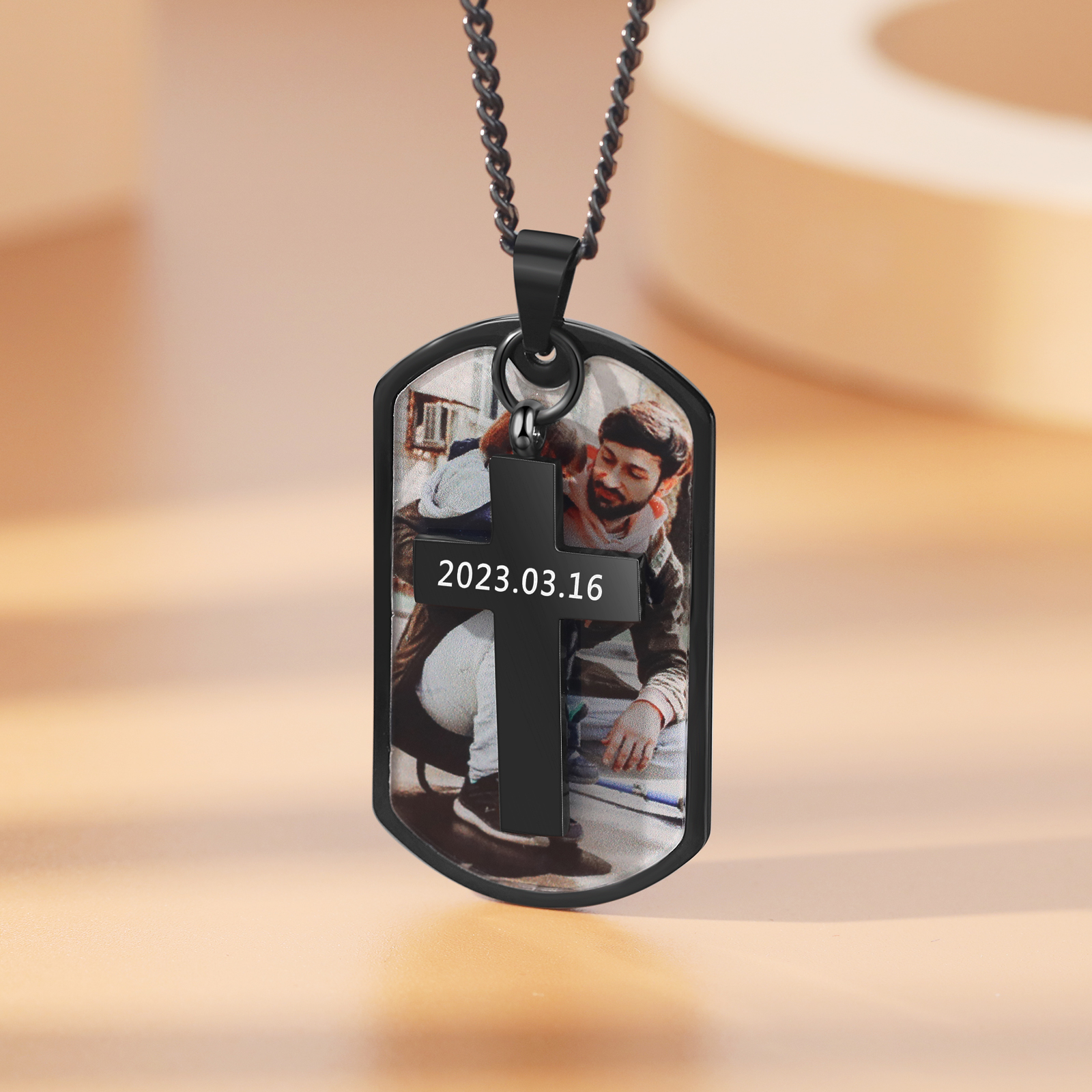 To My Dad Personalized Dog Tag Necklace Custom Photo & Date & Text Cross Necklace Stainless Steel Gift for Him