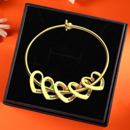 4 Names-Personalised Heart Bangle With 4 Names and Birthstones Bangle Bracelet Gifts For women