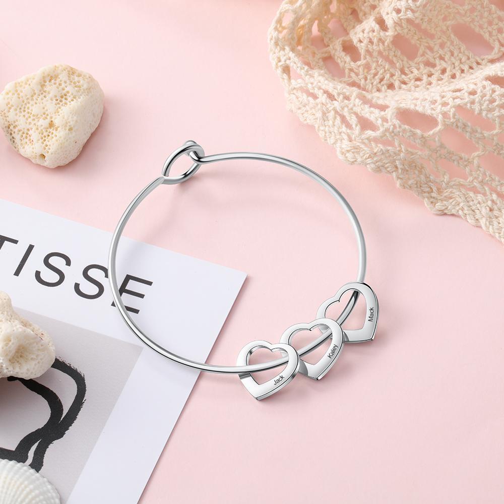 Personalised 4 Names Kids Bracelet Custom Engraved Heart Shaped Charm Bracelet - Christmas Gift for Girl