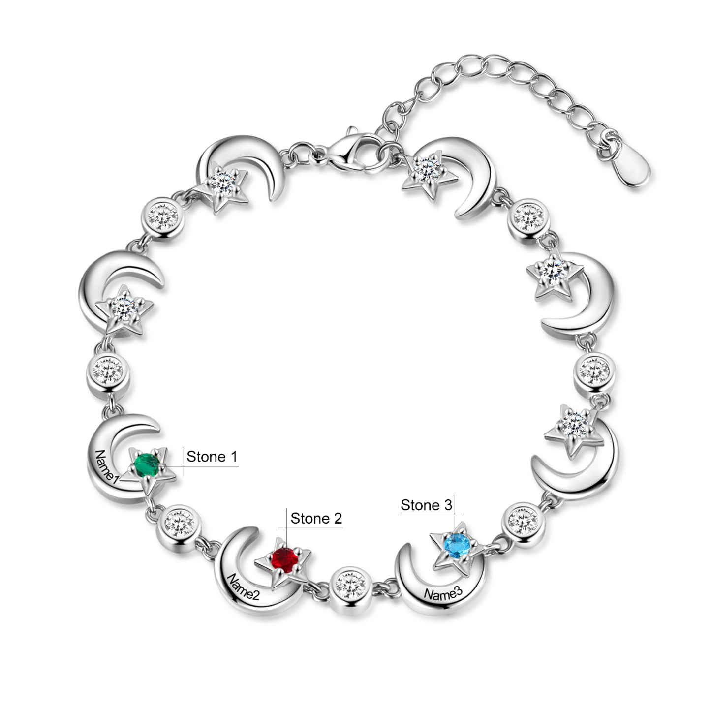 3 Names-Personalised Moons And Stars Bracelet With 3 Birthstones Custom Names Bracelet Gift For Women