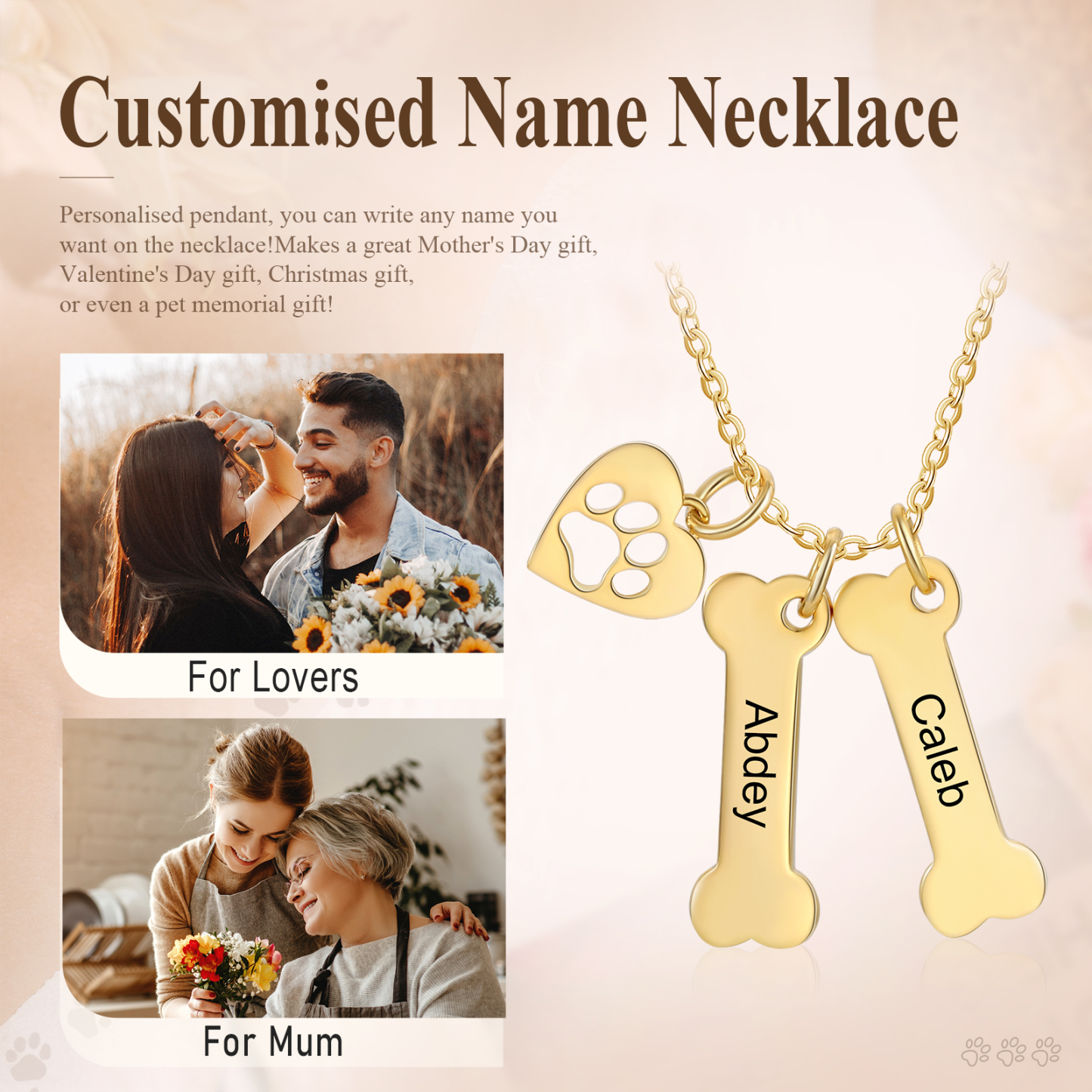 2 Names - Personalised Heart and Bones Charm Pendant Necklace, Custom Name Gift for Her