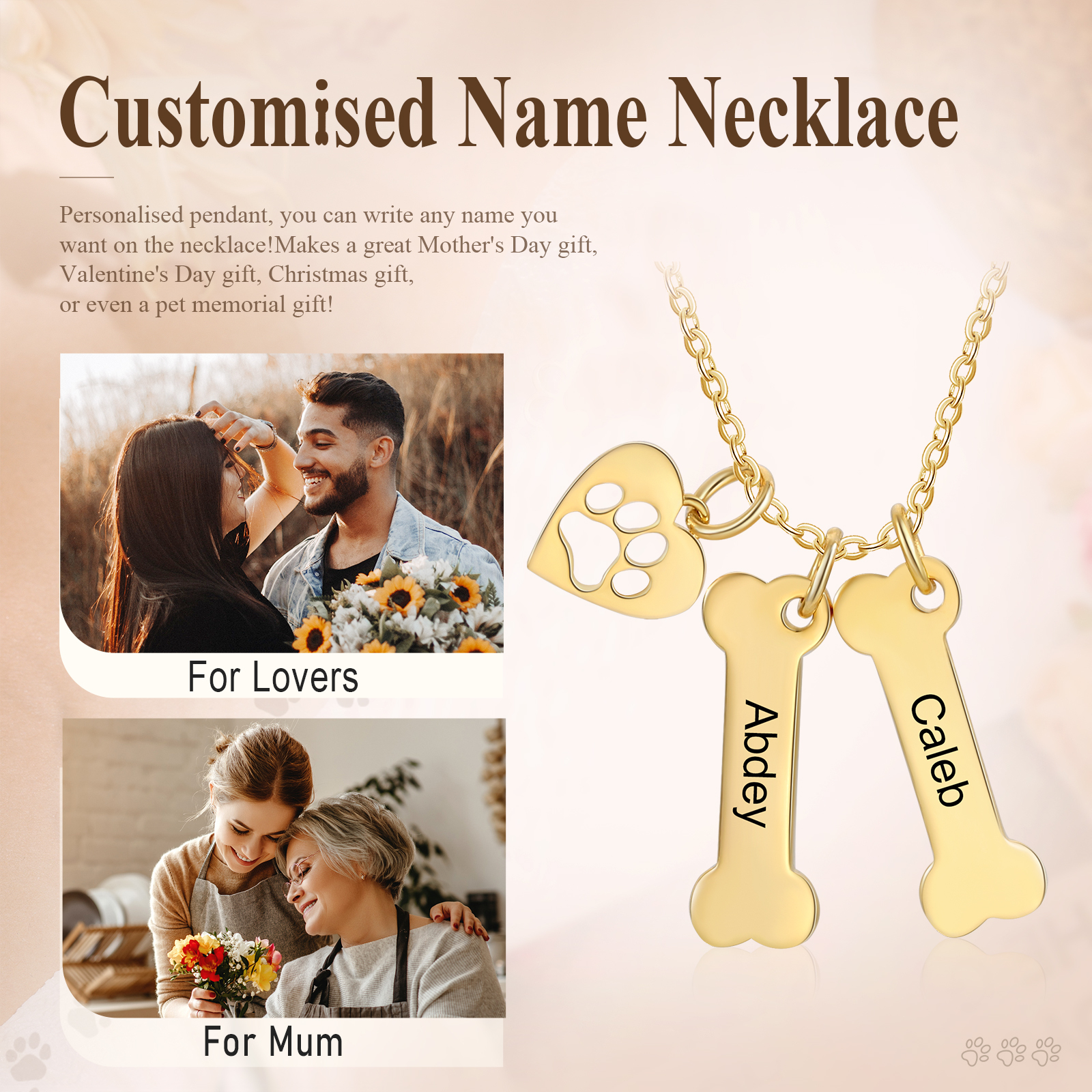 2 Names - Personalised Heart and Bones Charm Pendant Necklace, Custom Name Gift for Her