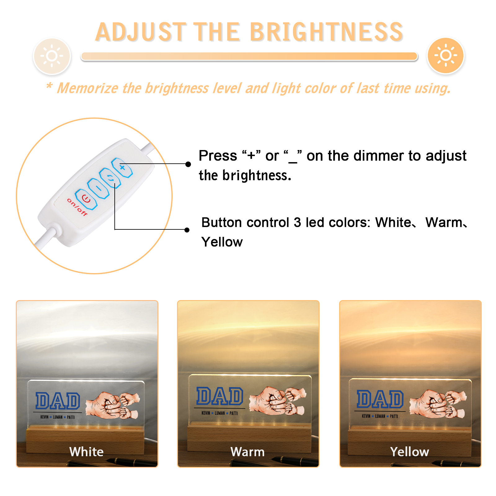 3 Names - Personalised Fist Bump Table Lamp - Dad's Dream Team - Father's Day Gift for Dad