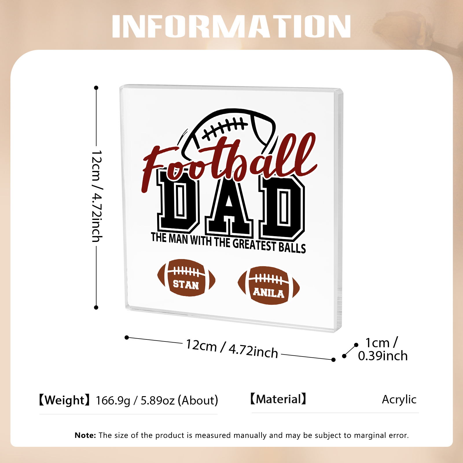 2 Names - Personalised Football Acrylic Keepsake Customized Name Acrylic Plaque Decoration Father's Day Gift for Dad