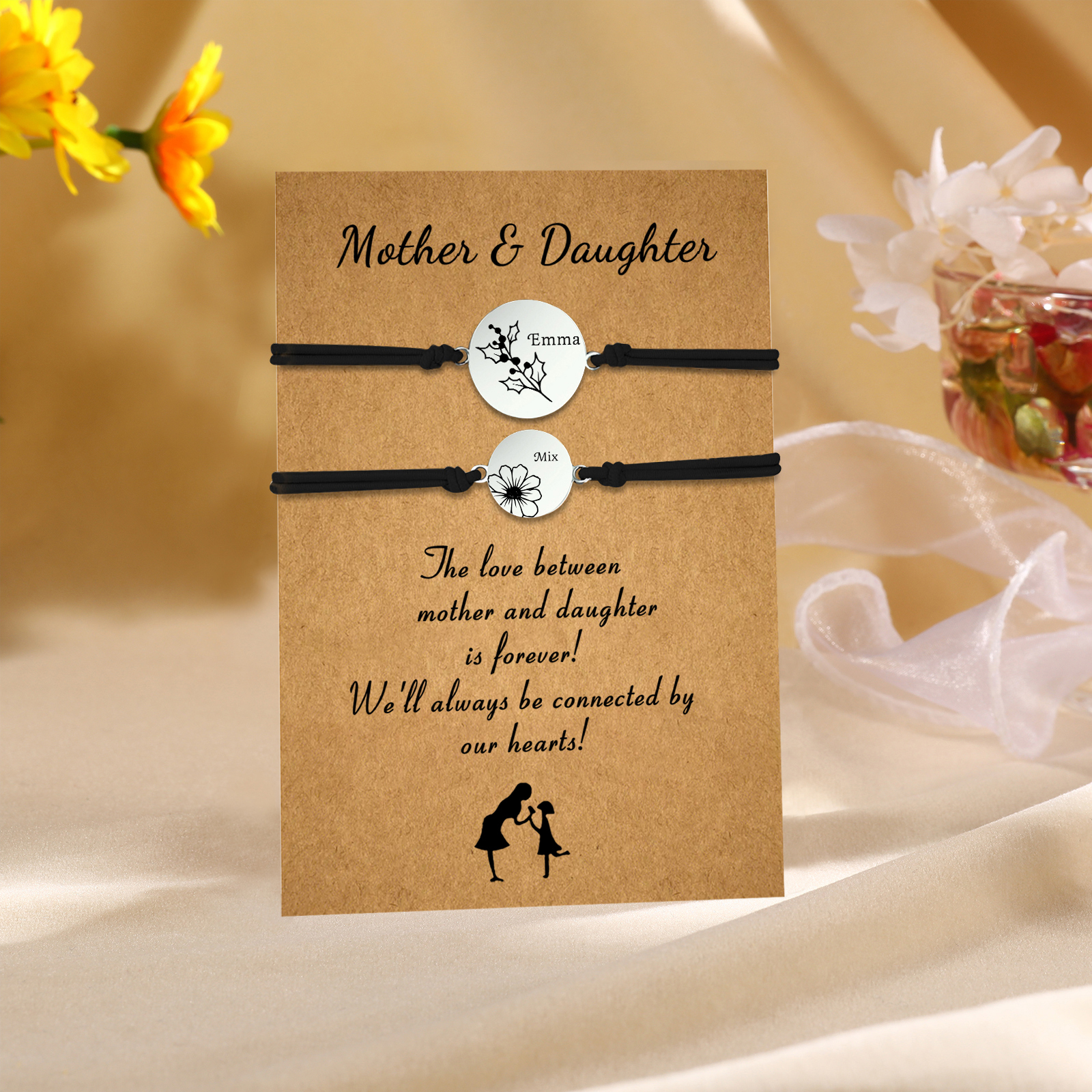 2PCS Personalized 2 Birthflowers and 2 Names Elastic Stainless Steel Bracelet Mother and Daughter Back to School Gift for Daughter