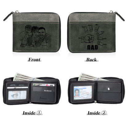 7 Names - Personalised Fist Bump Photo Custom Leather Men's Zipper Wallet as a Father's Day Gift for Dad