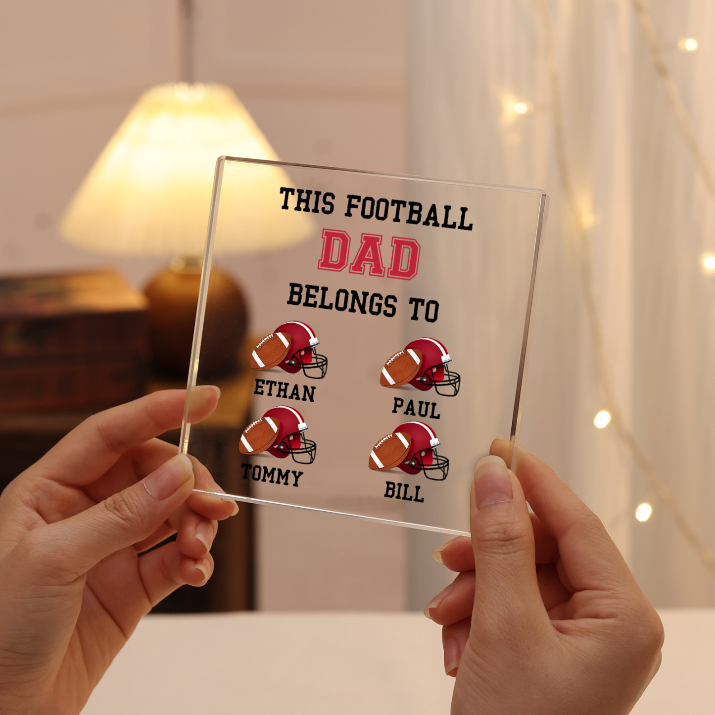 4 Names -Personalised Football Acrylic Keepsake Customized Name Acrylic Plaque Ornament Father's Day Gift for Dad