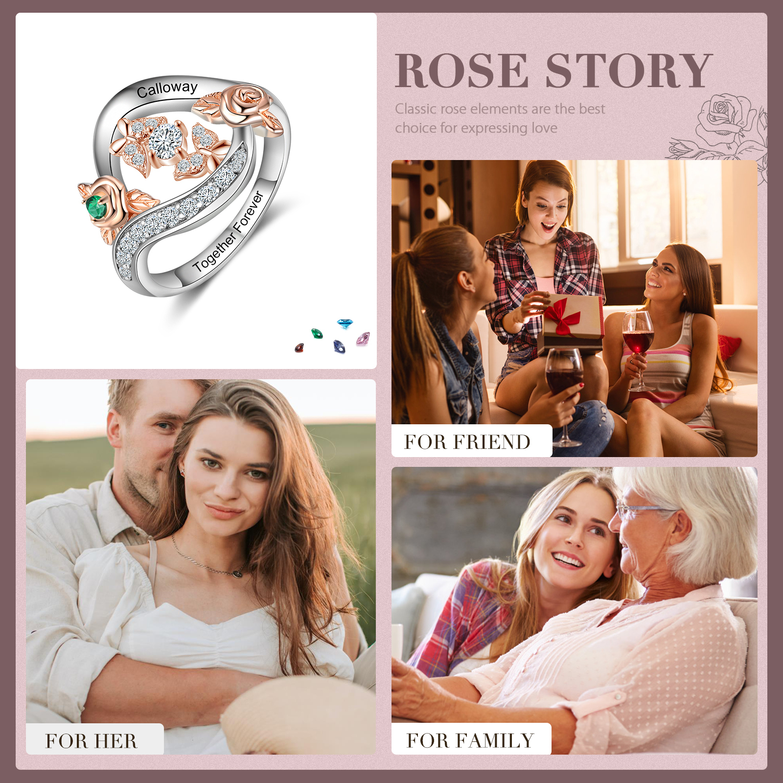 Personalised Rose Ring With 1 Birthstone Engraved Names Ring Gift For Women