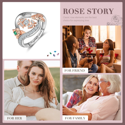 Personalised Rose Ring With 1 Birthstone Engraved Names Ring Gift For Women