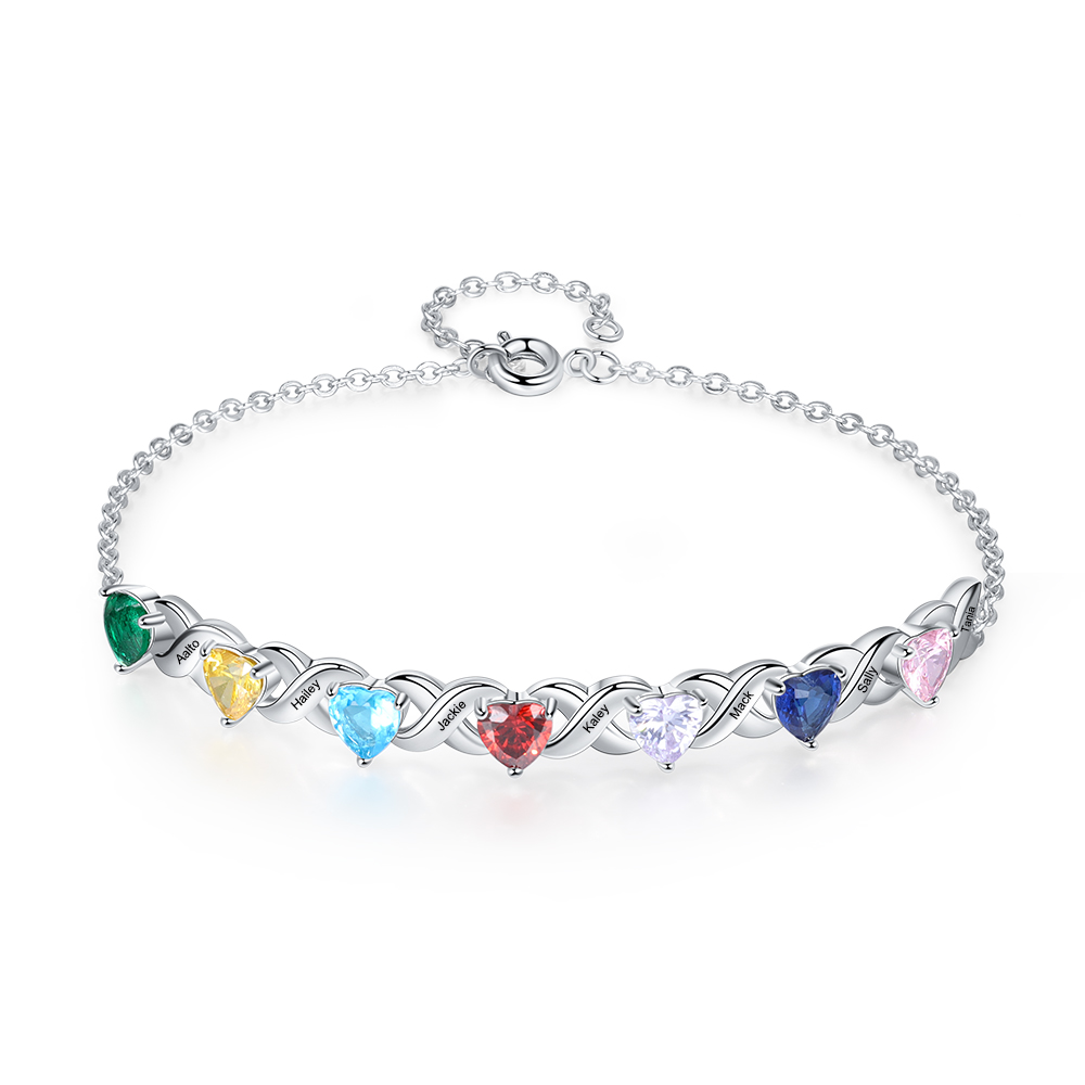 Personalised Bracelet With 7 Heart Birthstones Engraved Names Bracelet Gift For Women