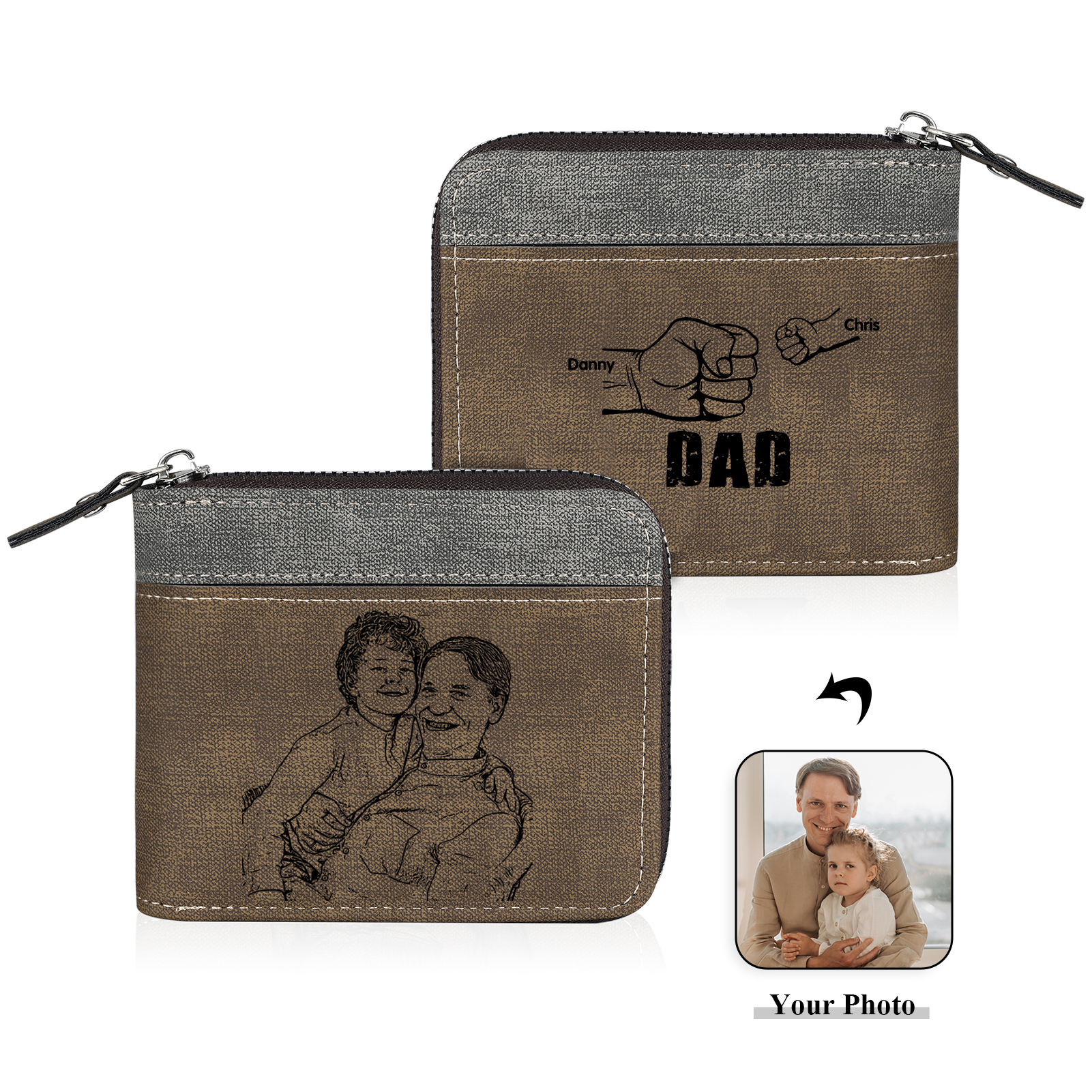 2 Names - Personalised Fist Bump Photo Custom Leather Men's Zipper Wallet as a Father's Day Gift for Dad