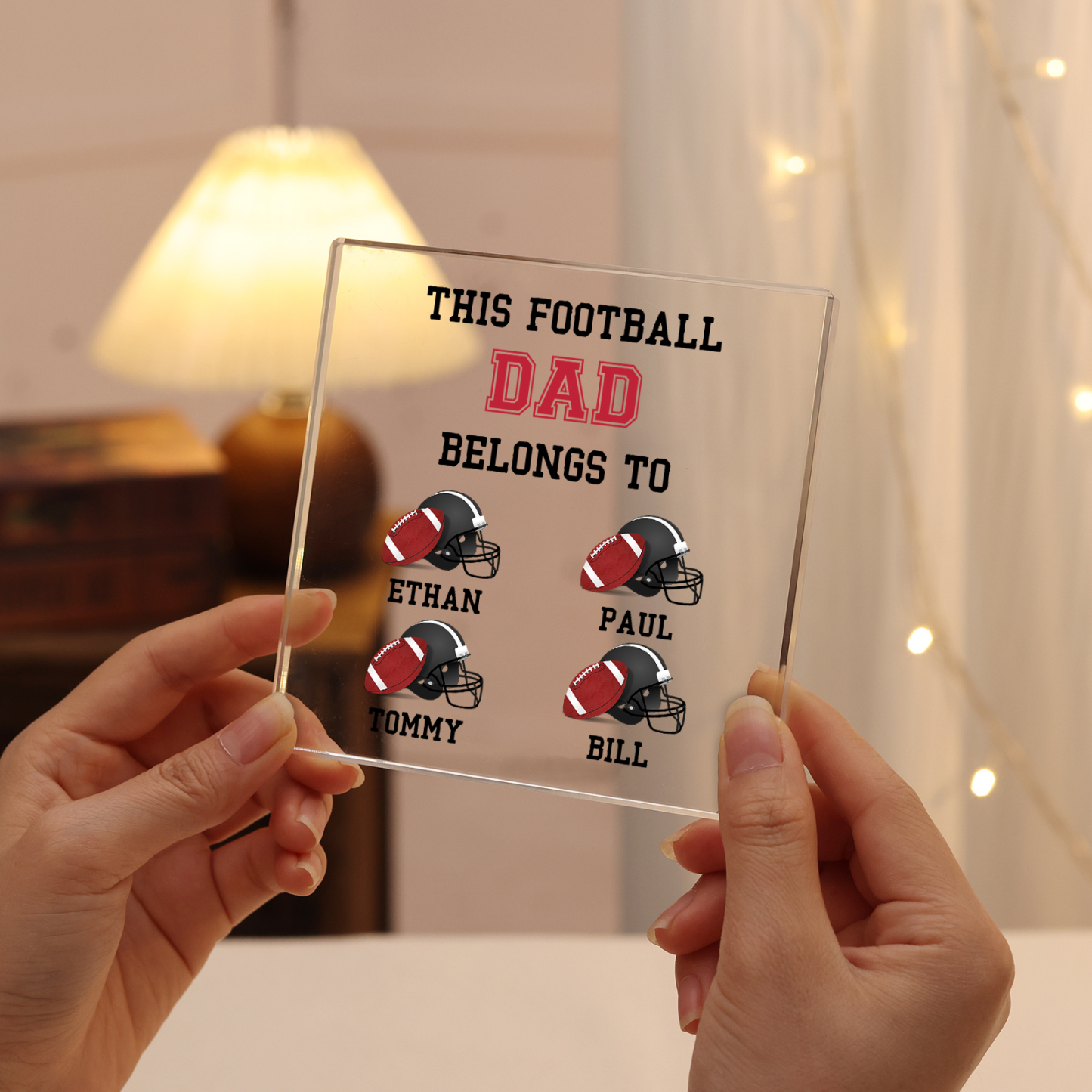 4 Names -Personalised Football Acrylic Keepsake Customized Name Acrylic Plaque Ornament Father's Day Gift for Dad