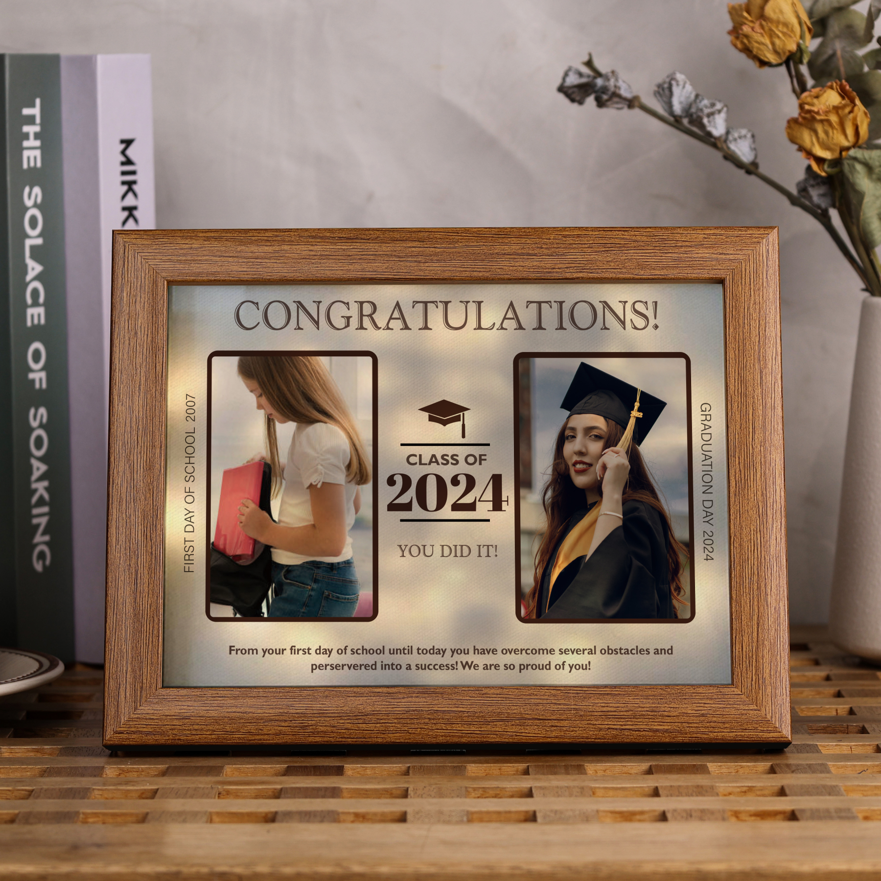 2024 Graduation Gift - Personalised 3 Year & 2 Photo & 1 Text Wood Frame Night Light LED Night Light Gift for Her/Him
