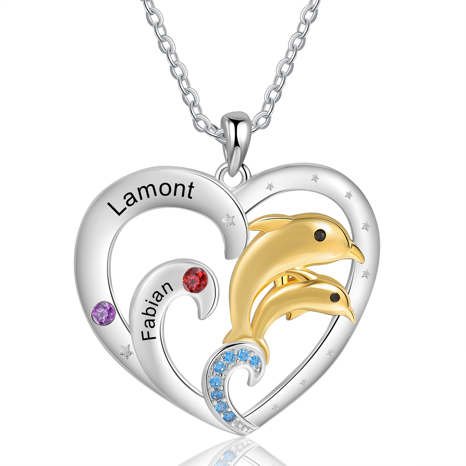 2 Names - Personalised Beautiful Dolphin Heart Necklace with Customized Name and Birthstone Gift for Her