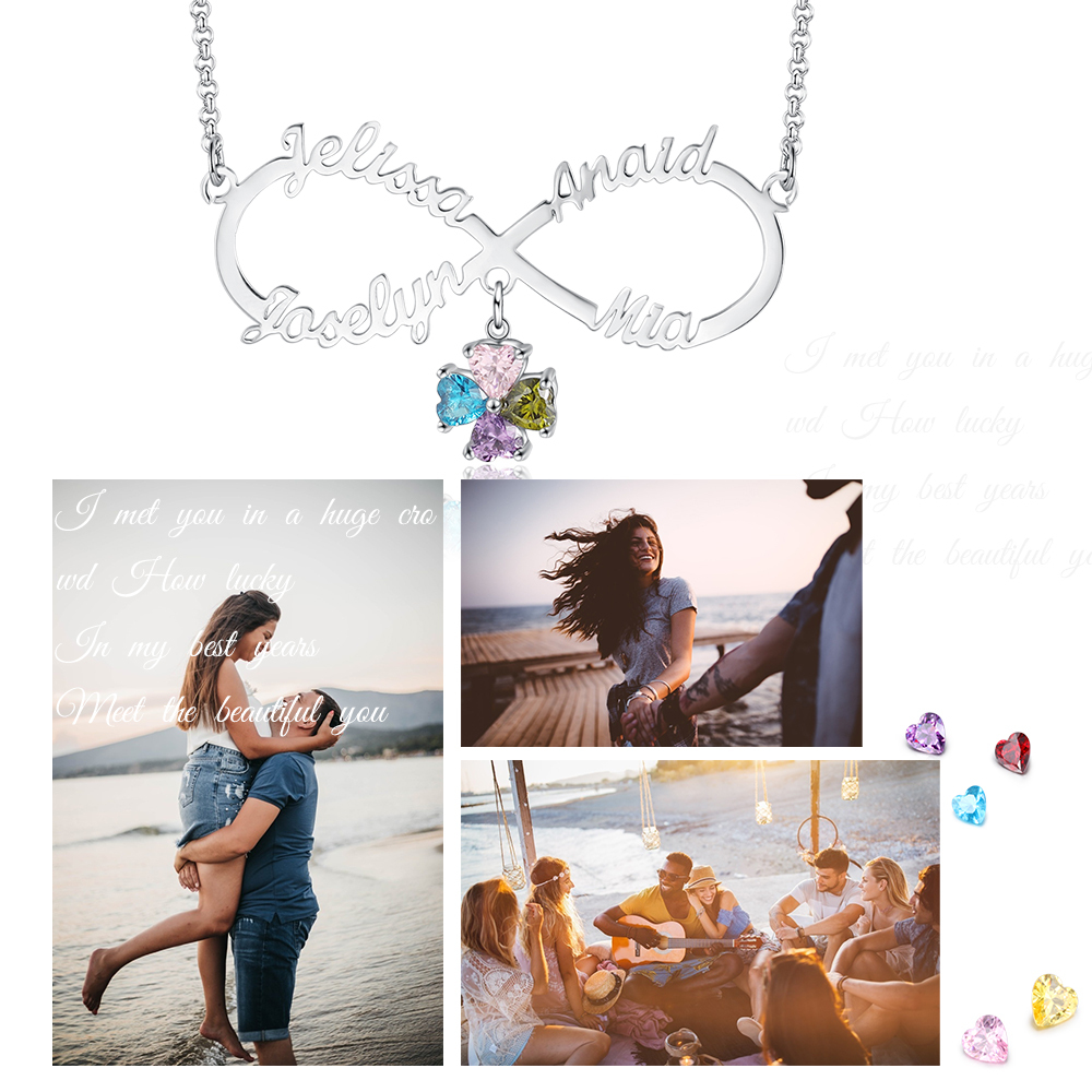 Personalised Infinity Necklace With 4 Birthstones Engraved Names Necklace Gift For Women