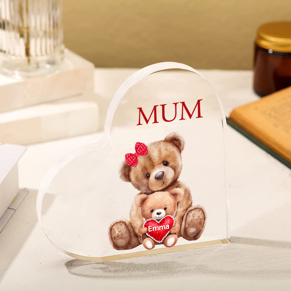 1 Name-Personalised Mum Acrylic Heart Keepsake Custom Text Love Teddy Bear Ornaments Gifts Set With Gift Box for Grandma/Mother