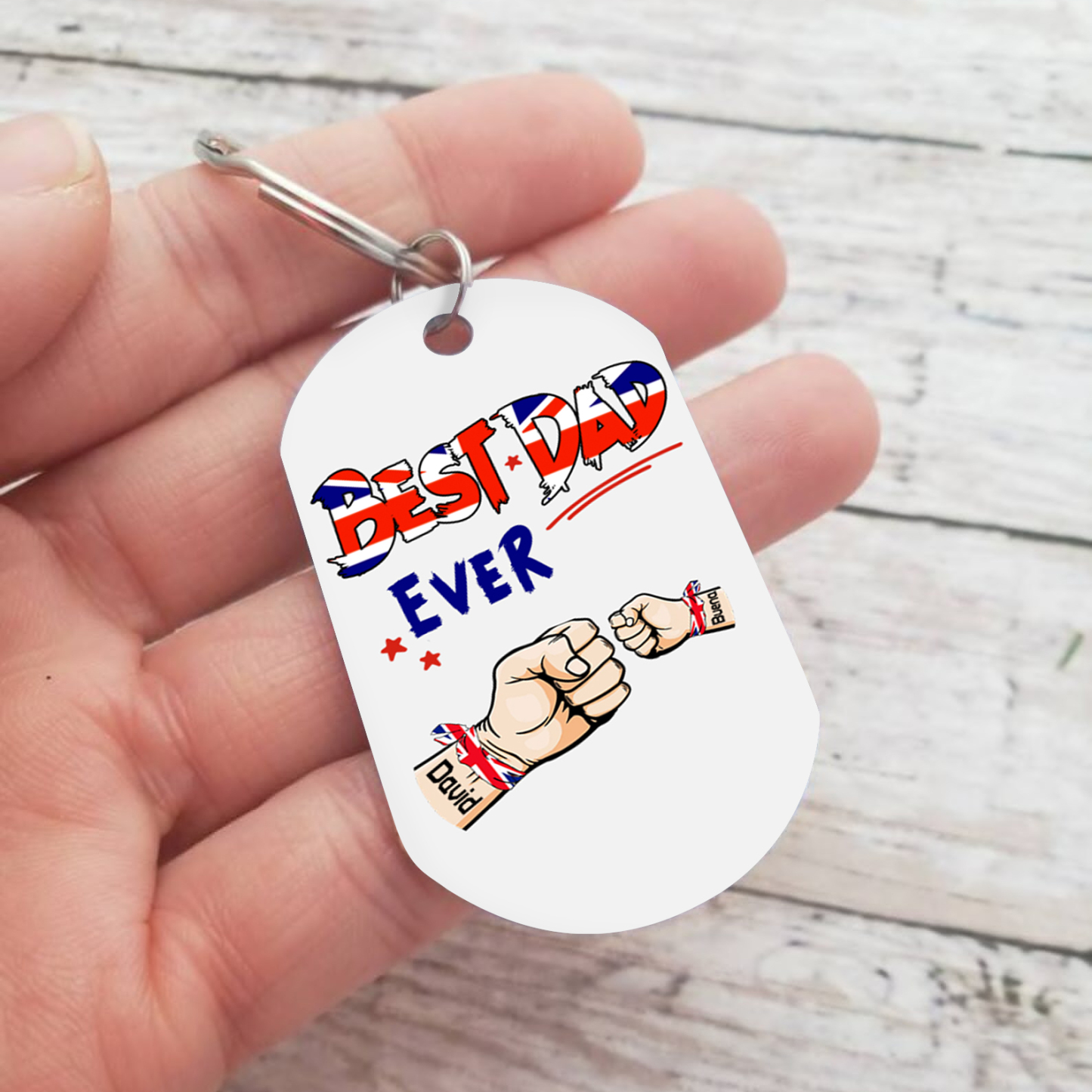 2 Names - Personalised Fist Bump Pattern Keyring Custom Name Gift for Dad