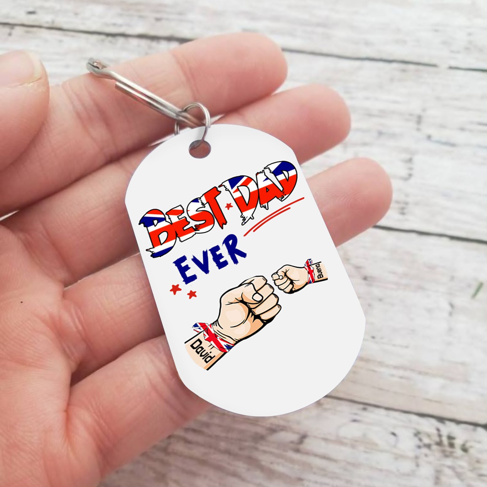2 Names - Personalised Fist Bump Pattern Keyring Custom Name Gift for Dad